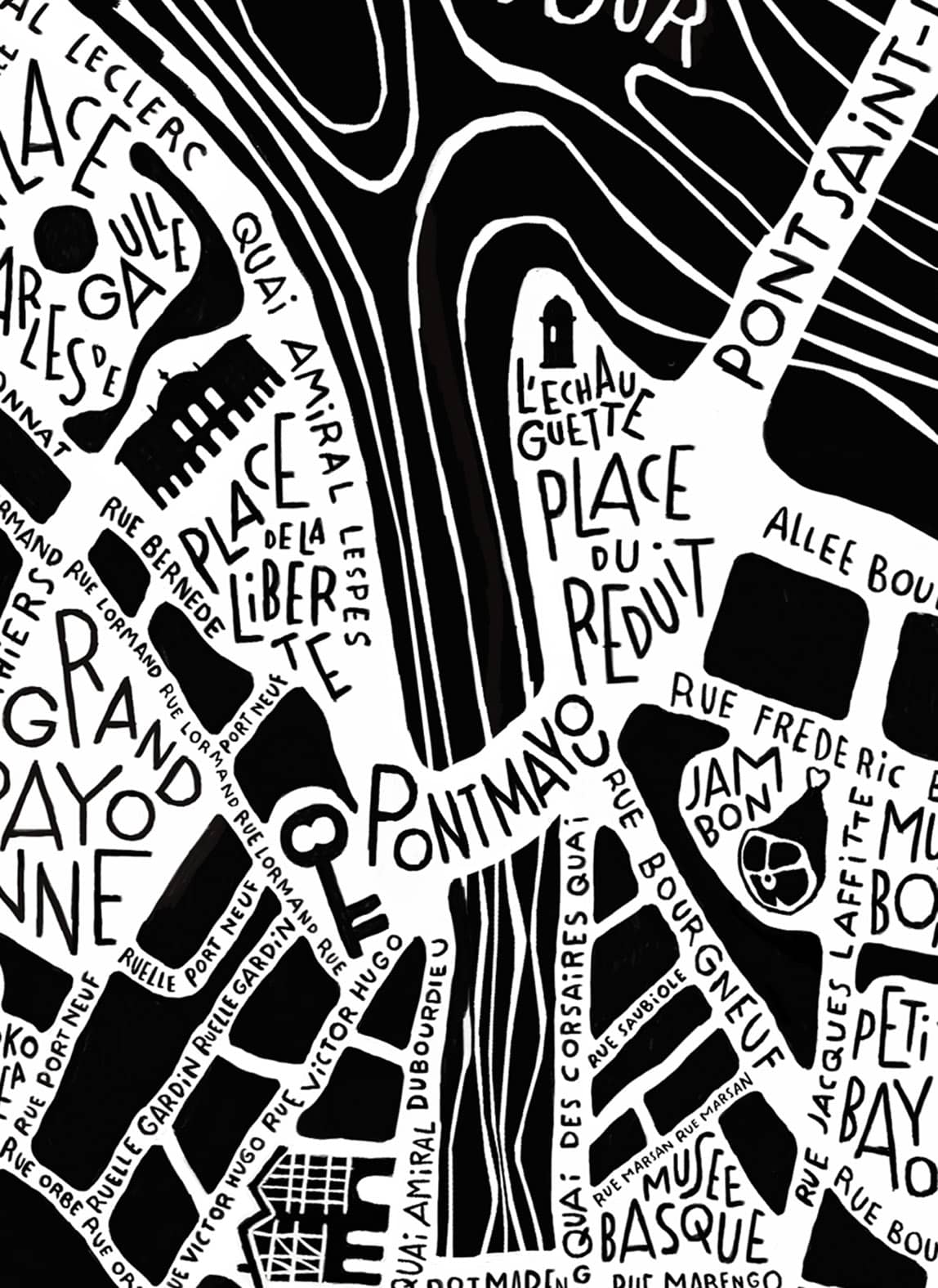 Affiche du plan de ville de Bayonne par Tokiko